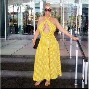 Fashion Nova XL Halter Neck Yellow White Striped Maxi Dress Retro Pinup Sexy Y2k